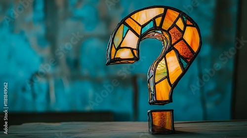 Stained glass question mark on wood. photo