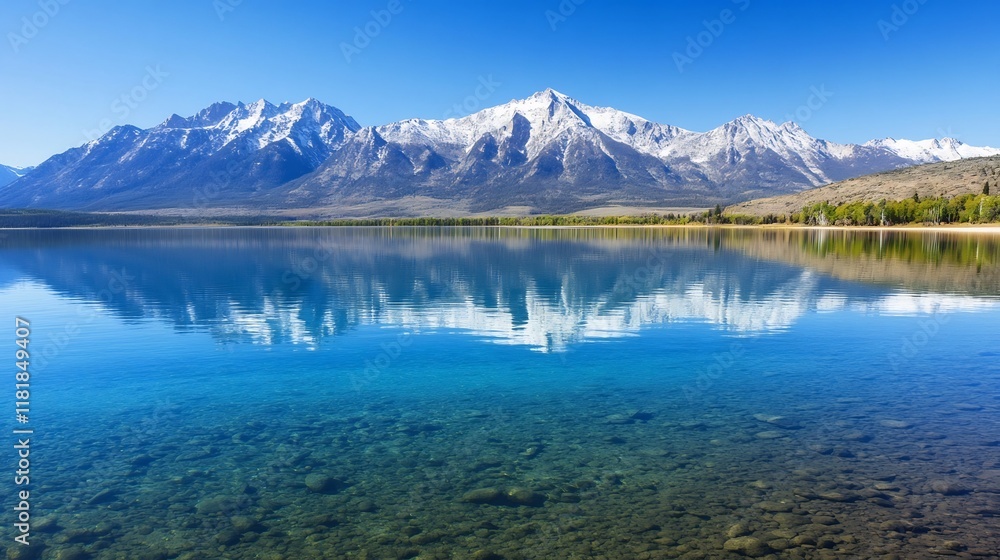 Crystal-clear mountain lake reflecting snow-capped peaks,an idyllic nature travel destination Crystal-clear mountain lake reflecting snow-capped peaks,an idyllic nature travel destination