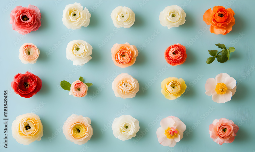 Vibrant ranunculus flowers arranged in a grid pattern on a pastel blue background. Perfect for spring or summer designs, greeting cards, and blogs. Vibrant ranunculus flowers arranged in a grid pattern on a pastel blue background. Perfect for spring or summer designs, greeting cards, and blogs.
