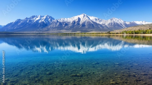 Crystal-clear mountain lake reflecting snow-capped peaks,an idyllic nature travel destination