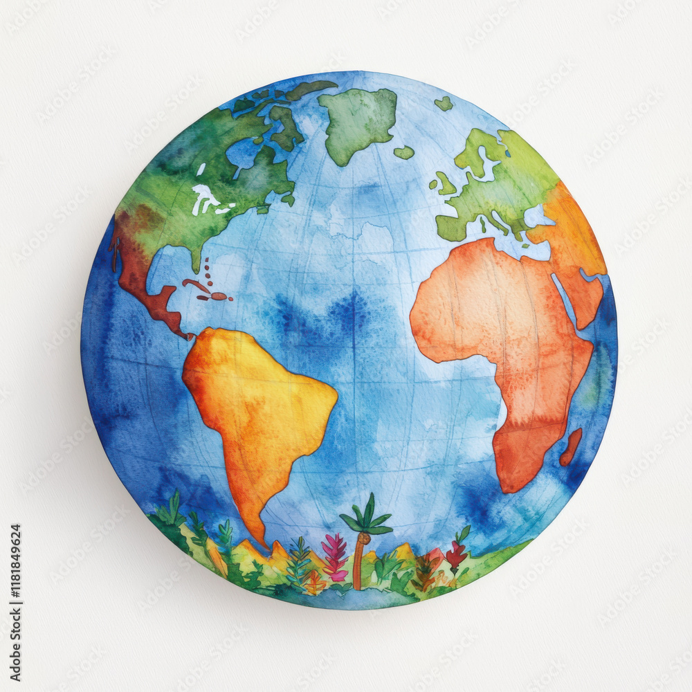 Naklejka premium Colorful watercolor globe with vibrant continents and details isolated design on white background