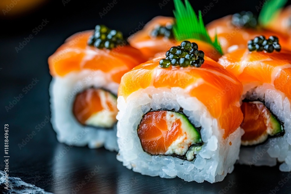 Delicious sushi rolls with fresh salmon and caviar displayed on a dark stone surface Delicious sushi rolls with fresh salmon and caviar displayed on a dark stone surface