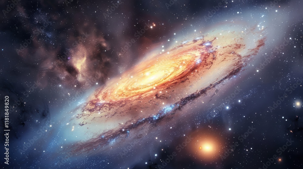 Obraz premium A cosmic view of the galaxy surrounded by stars and colorful celestial clouds.