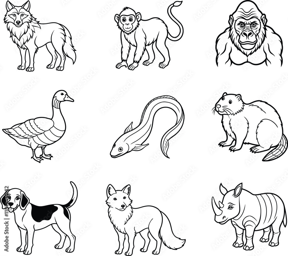 Fototapeta premium Animals set line art vector on white background.