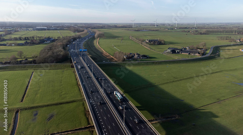 Zwolle, the Netherlands - January 8th 2025: A28 or E232 highway crossing over the Gelderse Dyke between Hattem and Zalk. photo