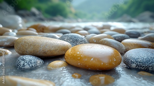 Smooth river rocks resting in shallow water