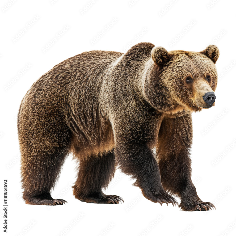 Fototapeta premium A close-up of an adult brown bear walking towards the right.