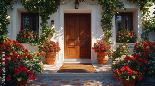 A charming duplex with two separate entrances and flower pots by the doors.