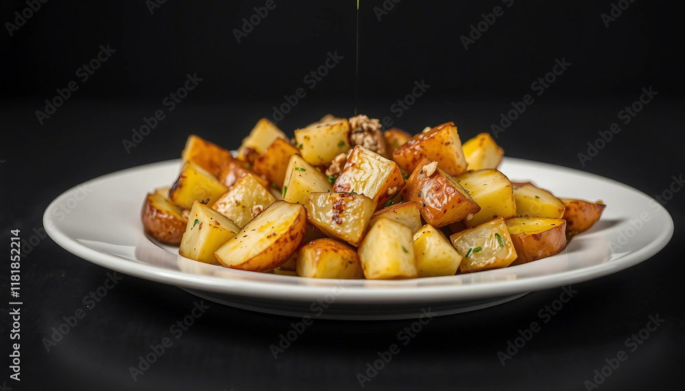 A plate of golden roasted potatoes being drizzled with dressing, perfect for culinary presentations.
A plate of golden roasted potatoes being drizzled with dressing, perfect for culinary presentations.
