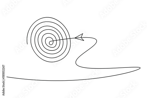 Target with arrow continuous one line drawing and business icon isolated outline flat illustration