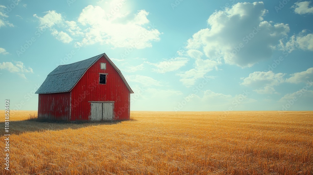 A charming red barn house in the middle of golden fields. A charming red barn house in the middle of golden fields.