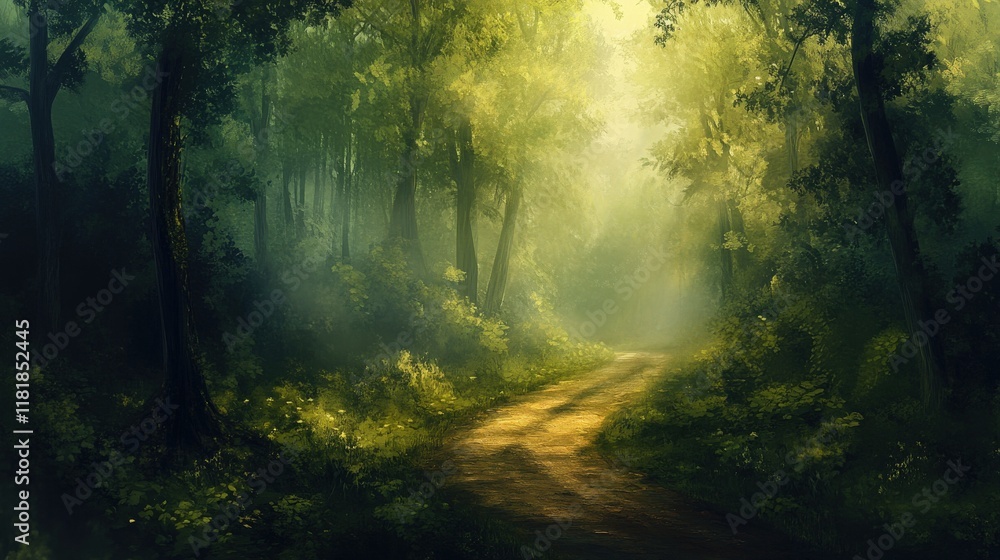 Obraz premium Sunlit forest path enchanted woodland nature scene serene environment ground level view tranquil journey