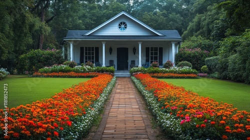 A charming single-story home with flowerbeds lining the walkway. photo