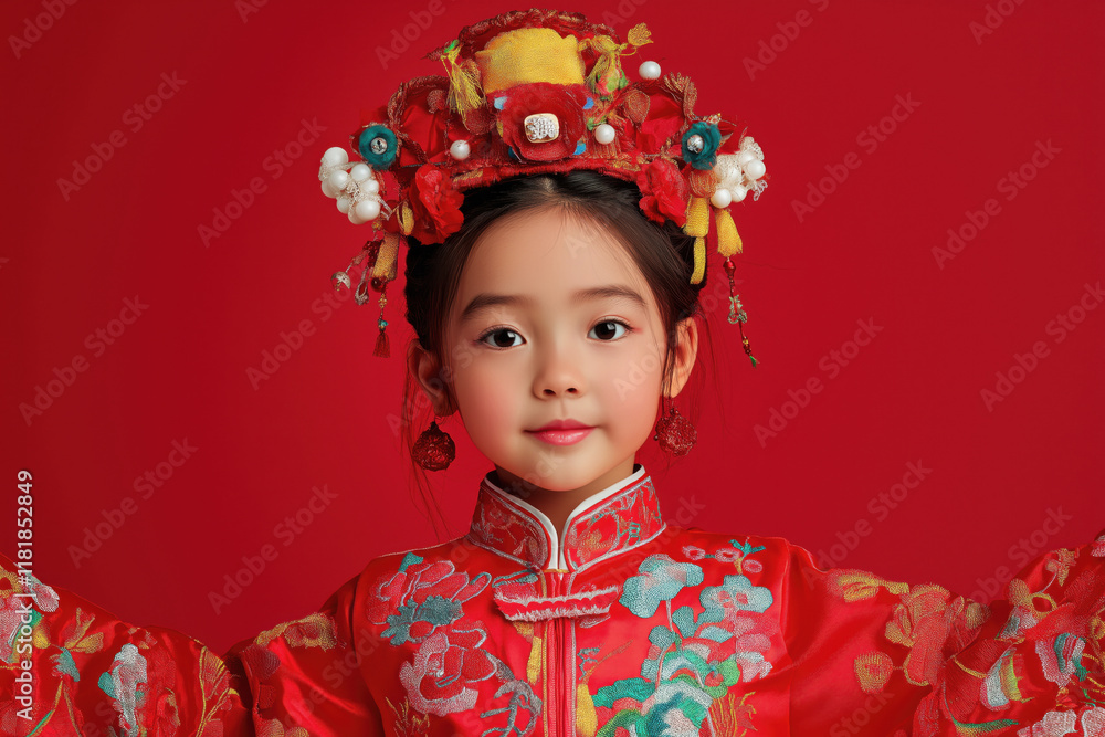 Cute seven year old Chinese girl in national costume on a red background for a traditional dance for Chinese New Year. Asian cultural festival