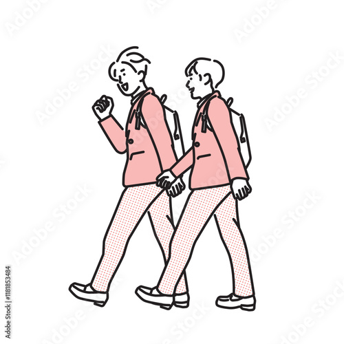 シンプル　イラスト　会話をしながら歩く制服の男子学生たち