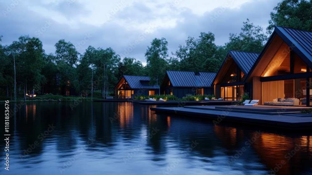 Lakeside Luxury: Illuminated Cabins at Dusk Lakeside Luxury: Illuminated Cabins at Dusk