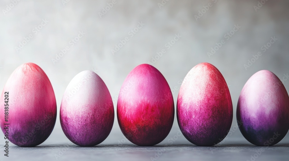 Pastel Easter eggs arranged in a beautiful gradient from light pink to deep purple on a soft grey background Pastel Easter eggs arranged in a beautiful gradient from light pink to deep purple on a soft grey background