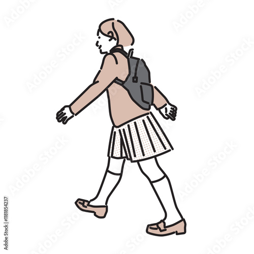 シンプル　イラスト　リュックを背負って登校する制服の女の子