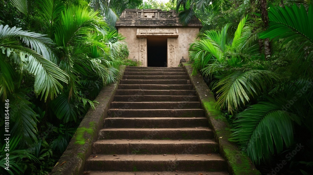 Mysterious Ancient Ruin Entrance in Lush Jungle Serves as Archaeology Office Background Mysterious Ancient Ruin Entrance in Lush Jungle Serves as Archaeology Office Background