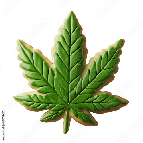 Green Cannabis Leaf Cookie with Detailed Icing Design, Isolated on Transparent Background. Marijuana. Cutout. PNG. photo