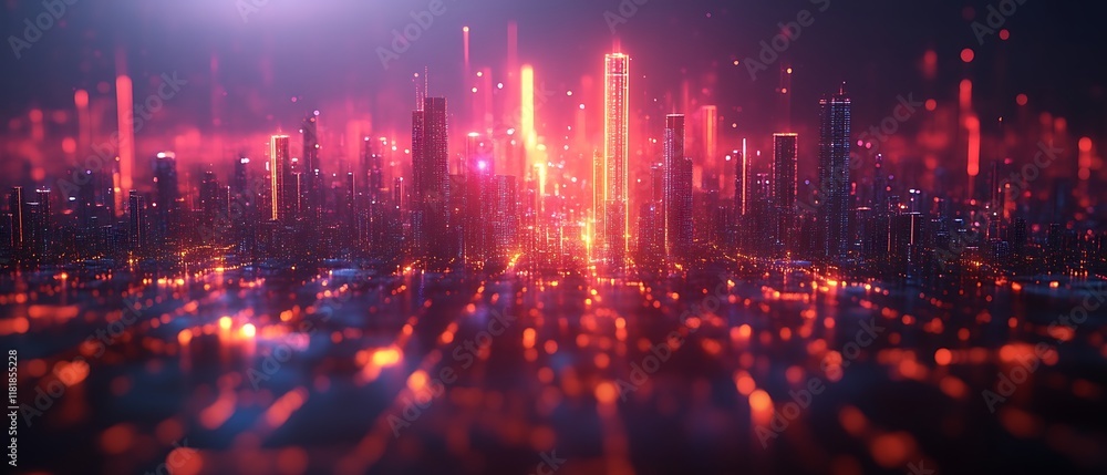 Fototapeta premium Futuristic city skyline at night with glowing buildings.