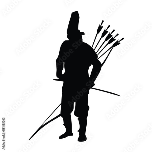 Archer with bow and arrow detailed vector silhouette.