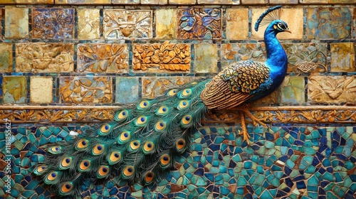 Peacock perched on a wall, displaying its colorful feathers in a stunning, vibrant show of beauty. photo