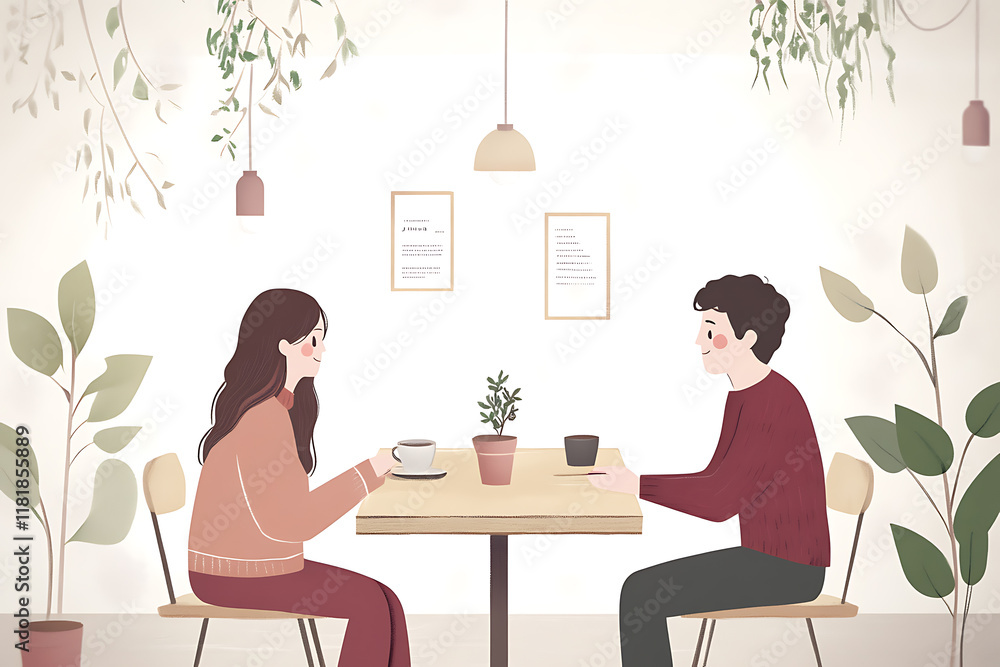 A simple vector illustration of a couple in love sitting in a cozy cafe, featuring clean lines and a minimalistic style, ideal for lifestyle or technology themes. A simple vector illustration of a couple in love sitting in a cozy cafe, featuring clean lines and a minimalistic style, ideal for lifestyle or technology themes.