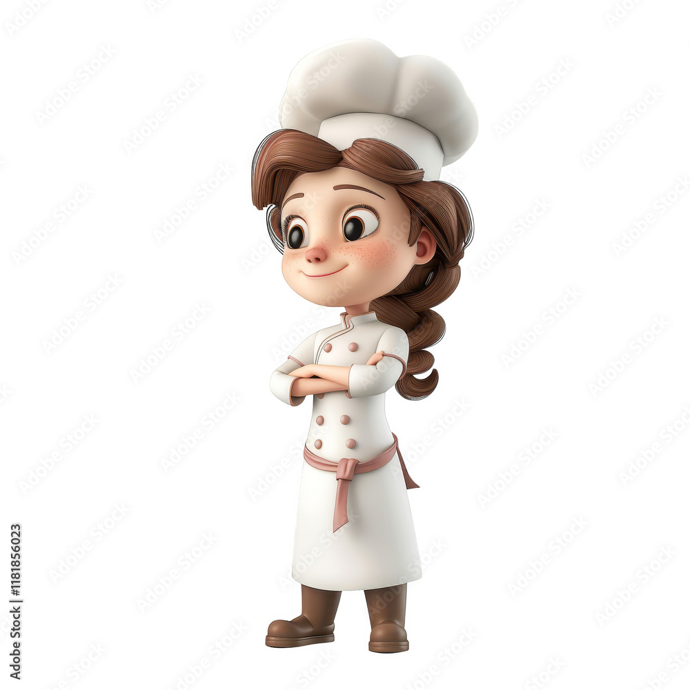 A cute cartoon chef girl stands with her arms crossed, looking confident in her white chef's uniform. A cute cartoon chef girl stands with her arms crossed, looking confident in her white chef's uniform.