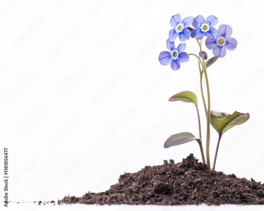 Delicate blue flowers growing from fertile soil, symbolizing growth and renewal. Delicate blue flowers growing from fertile soil, symbolizing growth and renewal.