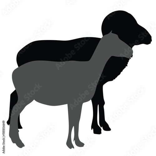 Mountain alps goats vector silhouette illustration isolated on white background. Wild animal symbol. Ibex goat couple, male and female with goatling. Wildlife animal family