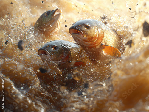 Dynamic scene of fish splashing in muddy water photo