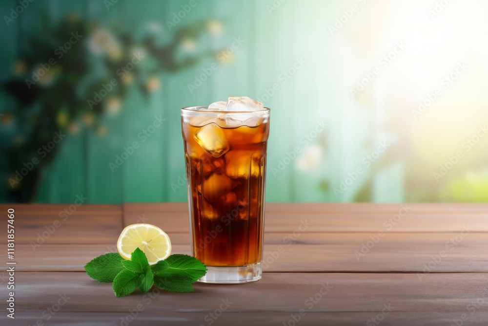 Glass of iced tea with lemon slice and mint leaves on a wooden table with a blurred garden background. Glass of iced tea with lemon slice and mint leaves on a wooden table with a blurred garden background.