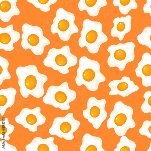 Fried sunny-side up eggs seamless pattern on orange background. Breakfast meal ingredient vector icons ornament creative design. Color illustration