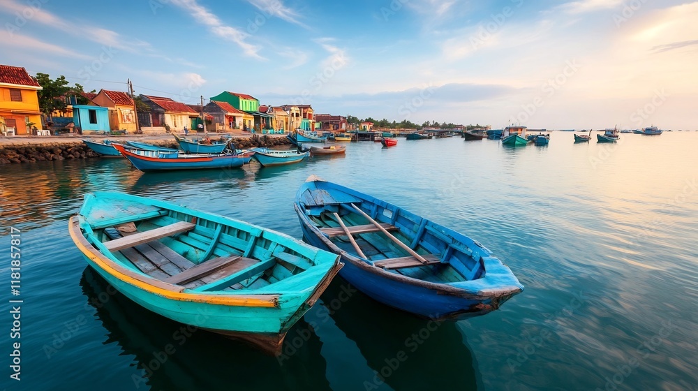 Fototapeta premium Vibrant Fishing Village with Colorful Wooden Boats Docked Along the Shoreline