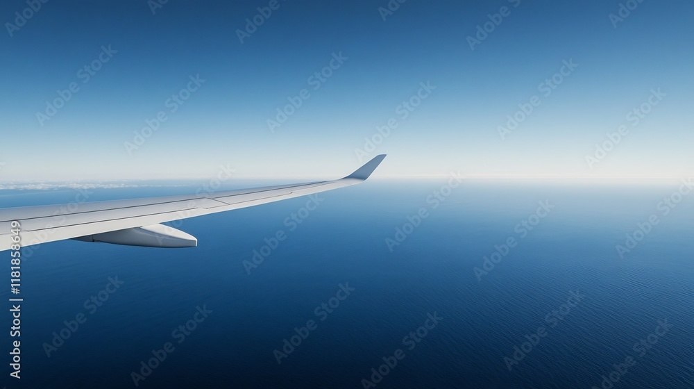 Plane wing view from cabin soaring over tranquil ocean scenery Plane wing view from cabin soaring over tranquil ocean scenery