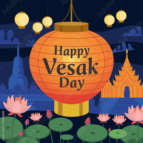 Vesak Day Lantern with Lotus Flowers and Pagoda
