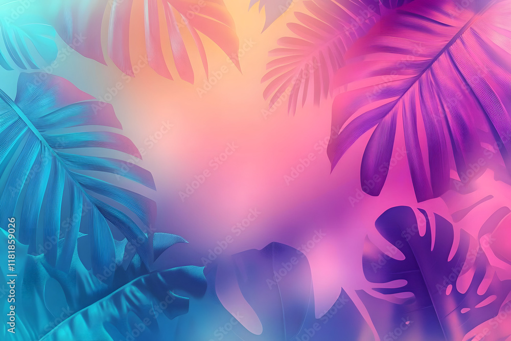 Fototapeta premium Tropical and palm leaves in gradient holographic neon colors. Summer party, travel, holiday, vacation. Retro background with copy space for banner, poster, invitation