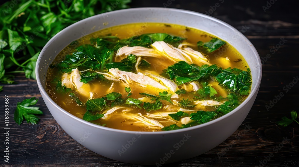 Chicken soup is a protein-rich dish. Delicious chicken soup with herbs and greens in a bowl. Chicken soup is a protein-rich dish. Delicious chicken soup with herbs and greens in a bowl.