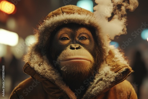 Sad cute adult animal orangutan in winter warm clothes, cold breath from nose and mouth in freezing air. Social ad - Ð°nimal care. Problem of cold animals. Freezing nature patrol. Zoo nature. photo