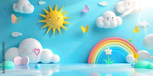 Cheerful cartoonish sky with smiling sun clouds a rainbow butterflies and stars on a blue background