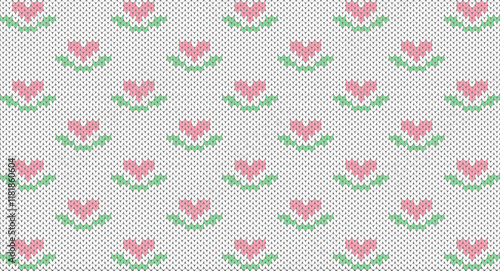 Pink flower heart on white knitted patten, Festive Sweater Design. Seamless Knitted Pattern