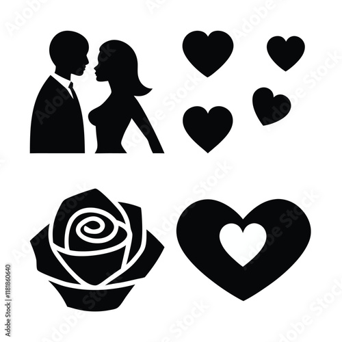 set valentines day of silhouettes of people, Heart, Rose