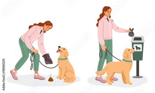 A young smiling women is cleaning up after her dog and throw to dog waste bin. Vector illustration in cartoon style