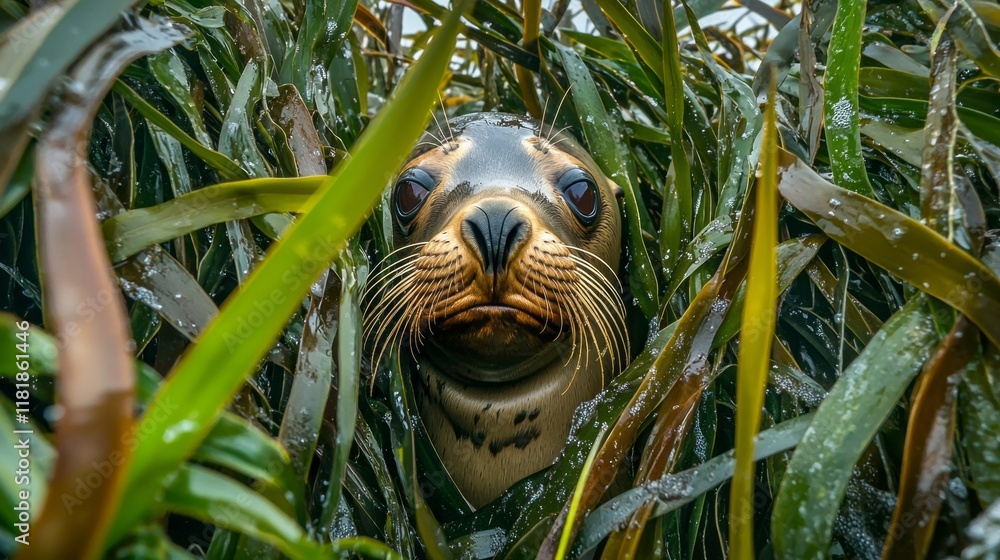Obraz premium A curious sea lion explores its underwater world, peeking through lush strands of kelp in a serene coastal environment. The creature's inquisitive nature shines through in its expressive gaze