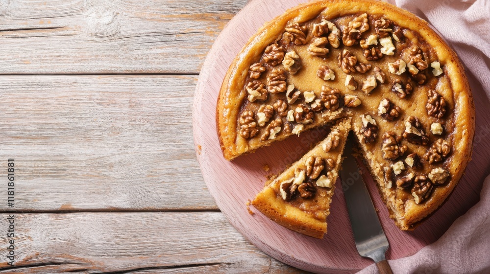 Scrumptious Walnut Cheesecake: A Perfect Autumnal Delight. A Delicious Homemade Treat with Walnut Topping on a Wooden Board. An Elegant Dessert Presentation. Scrumptious Walnut Cheesecake: A Perfect Autumnal Delight. A Delicious Homemade Treat with Walnut Topping on a Wooden Board. An Elegant Dessert Presentation.