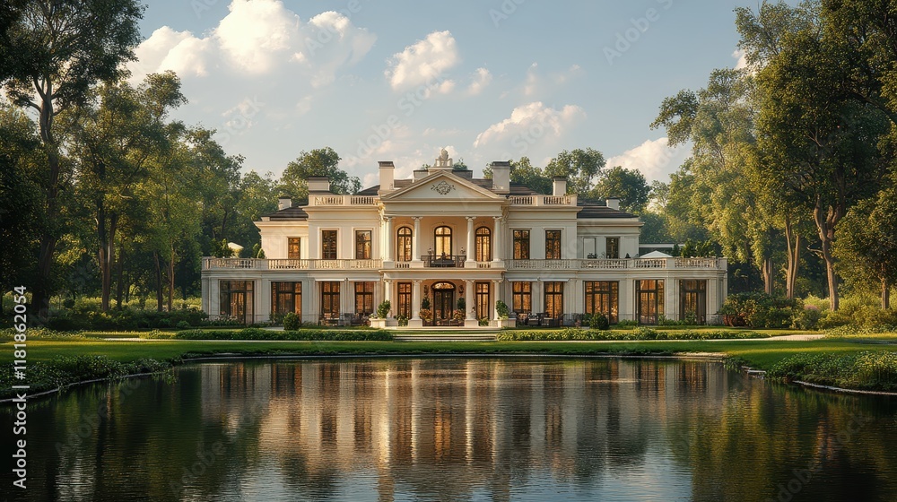 A luxurious country manor with expansive gardens and a pond. A luxurious country manor with expansive gardens and a pond.