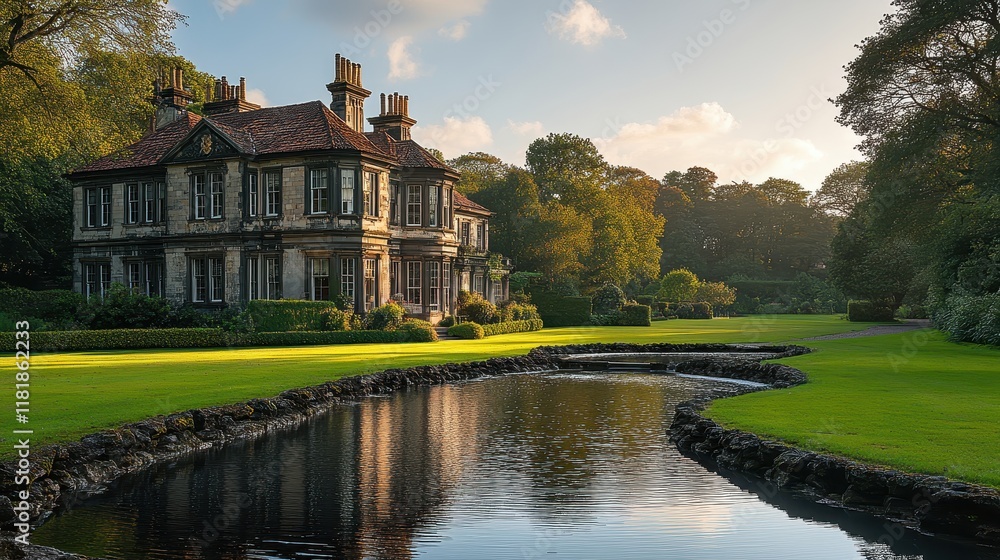 Fototapeta premium A luxurious country manor with expansive gardens and a pond.