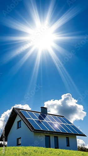 Bright sun illuminates a modern house with solar panels under a clear blue sky