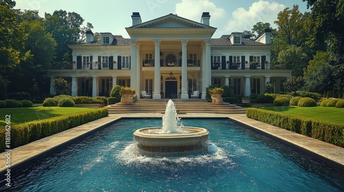 A luxurious mansion with a fountain and manicured gardens in front. photo